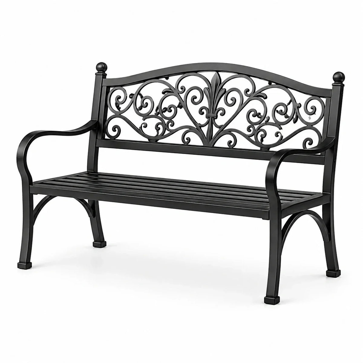 Banco de jardín de hierro forjado con adornos, negro