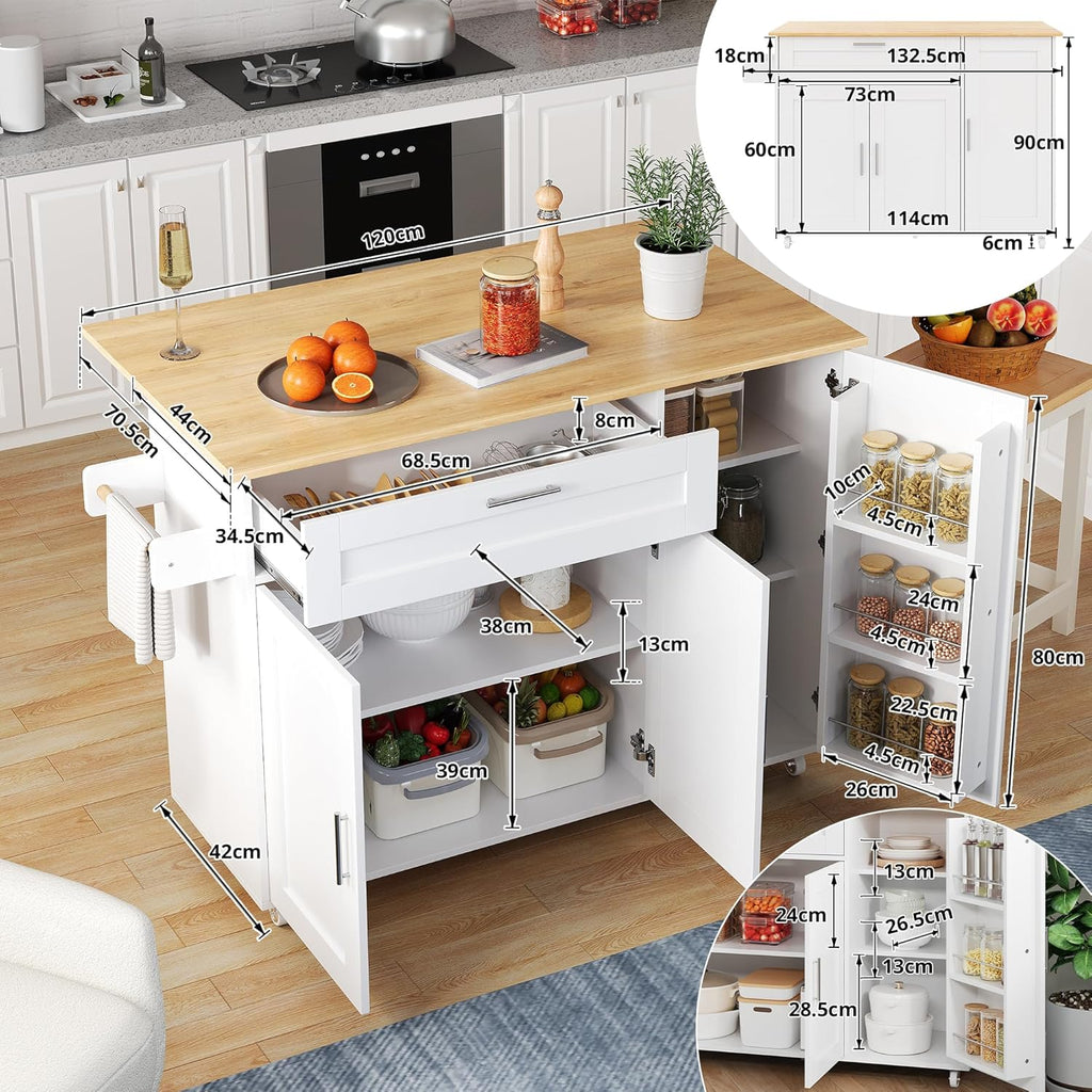 Mesa de cocina móvil, encimera plegable, veteado de roble, armario multifuncional, especiero, toallero, 5 ruedas, blanco, apto para cocina/comedor/hogar