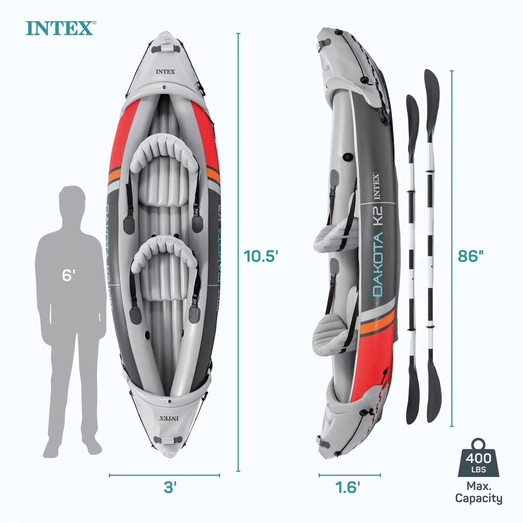 Kayak inflable de vinilo para 2 personas Intex Dakota K2 2025, con remos y bomba – Caja abierta