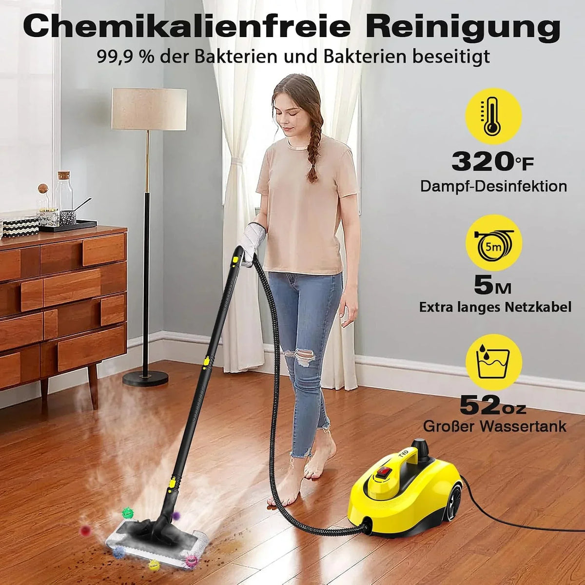 Limpiador a vapor SW608-A de 2000 W con depósito de agua de 1300 ml, cable de alimentación de 5 m, limpieza a vapor a alta temperatura con accesorios de limpieza
