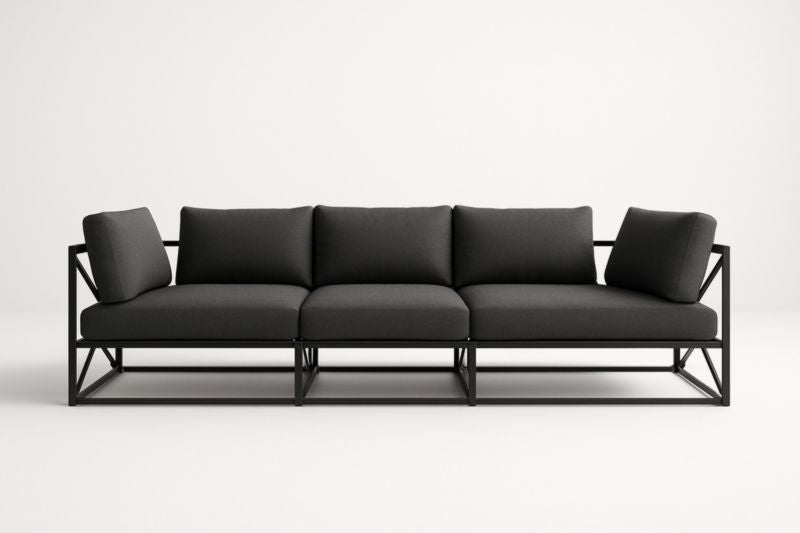 Sofá de metal negro y tela gris oscuro
