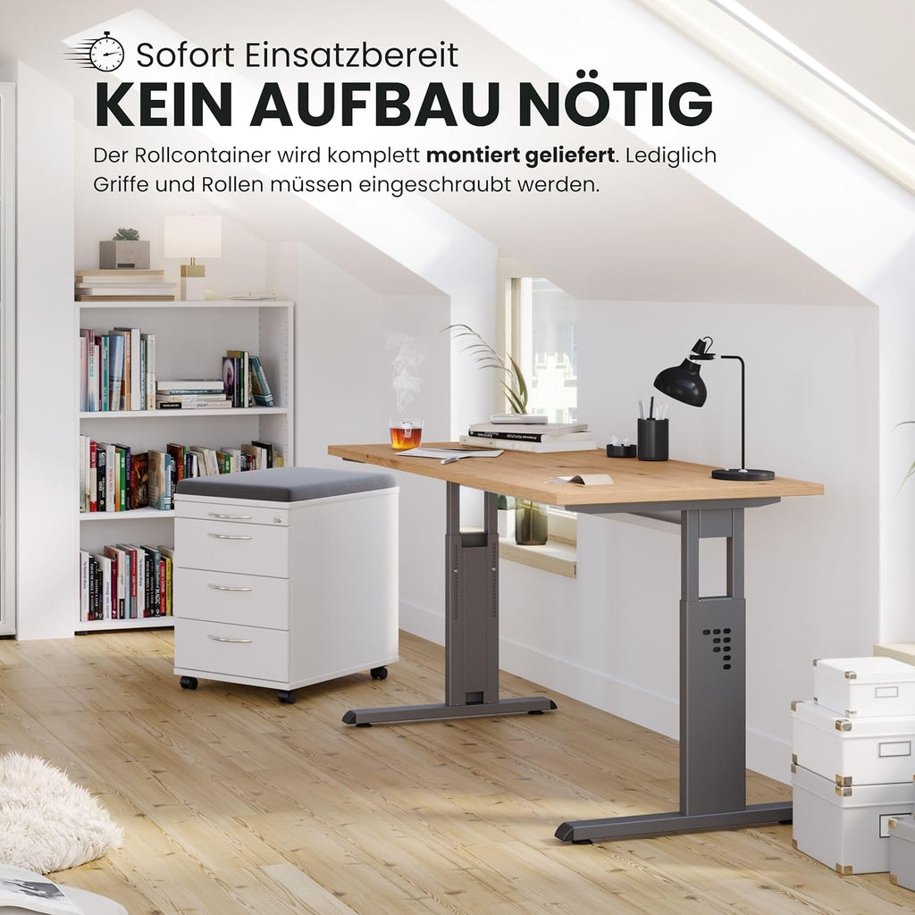 bümö Cajonera móvil con cajones, contenedor con cerradura de madera en haya - Carrito para oficina como mueble bajo de escritorio, cajonera de oficina o contenedor de escritorio con tiradores de barra