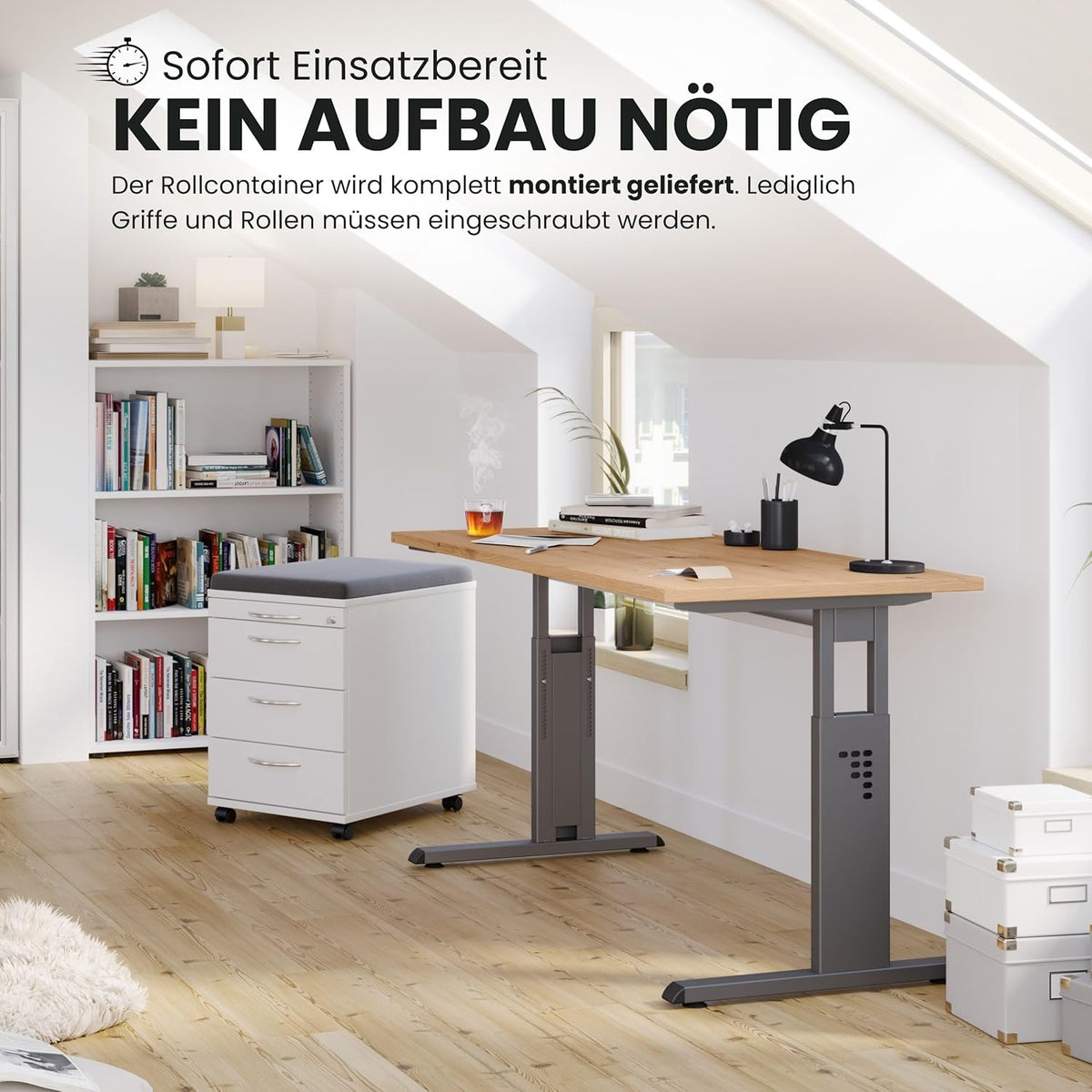 bümö Cajonera móvil con cajones, contenedor con cerradura de madera en haya - Carrito para oficina como mueble bajo de escritorio, cajonera de oficina o contenedor de escritorio con tiradores de barra