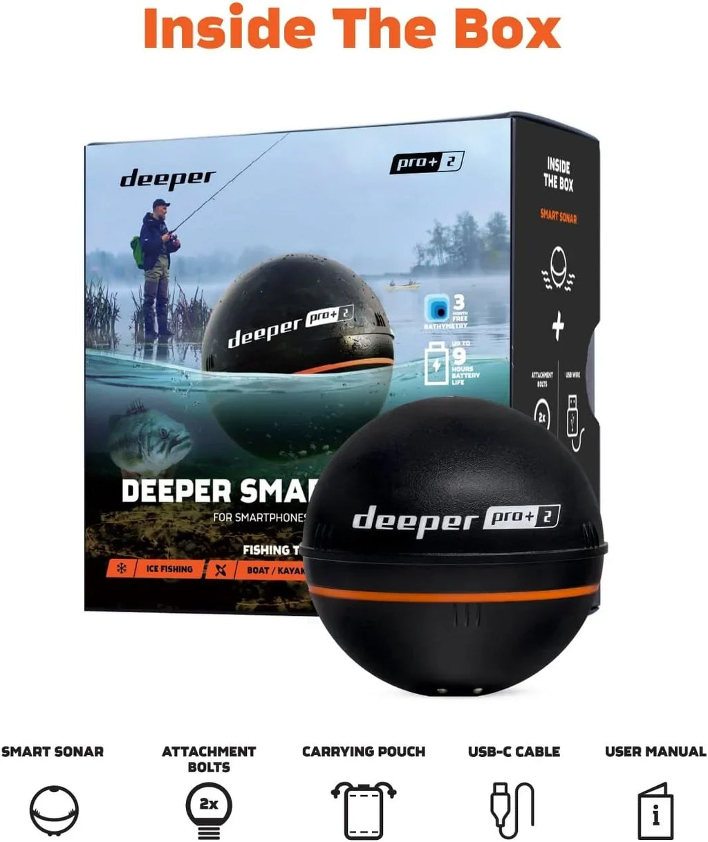 Sonda de pesca Deeper Pro+ 2 con GPS, profundímetro y sonar para kayak, barco y pesca en hielo, conexión por app hasta 100 m