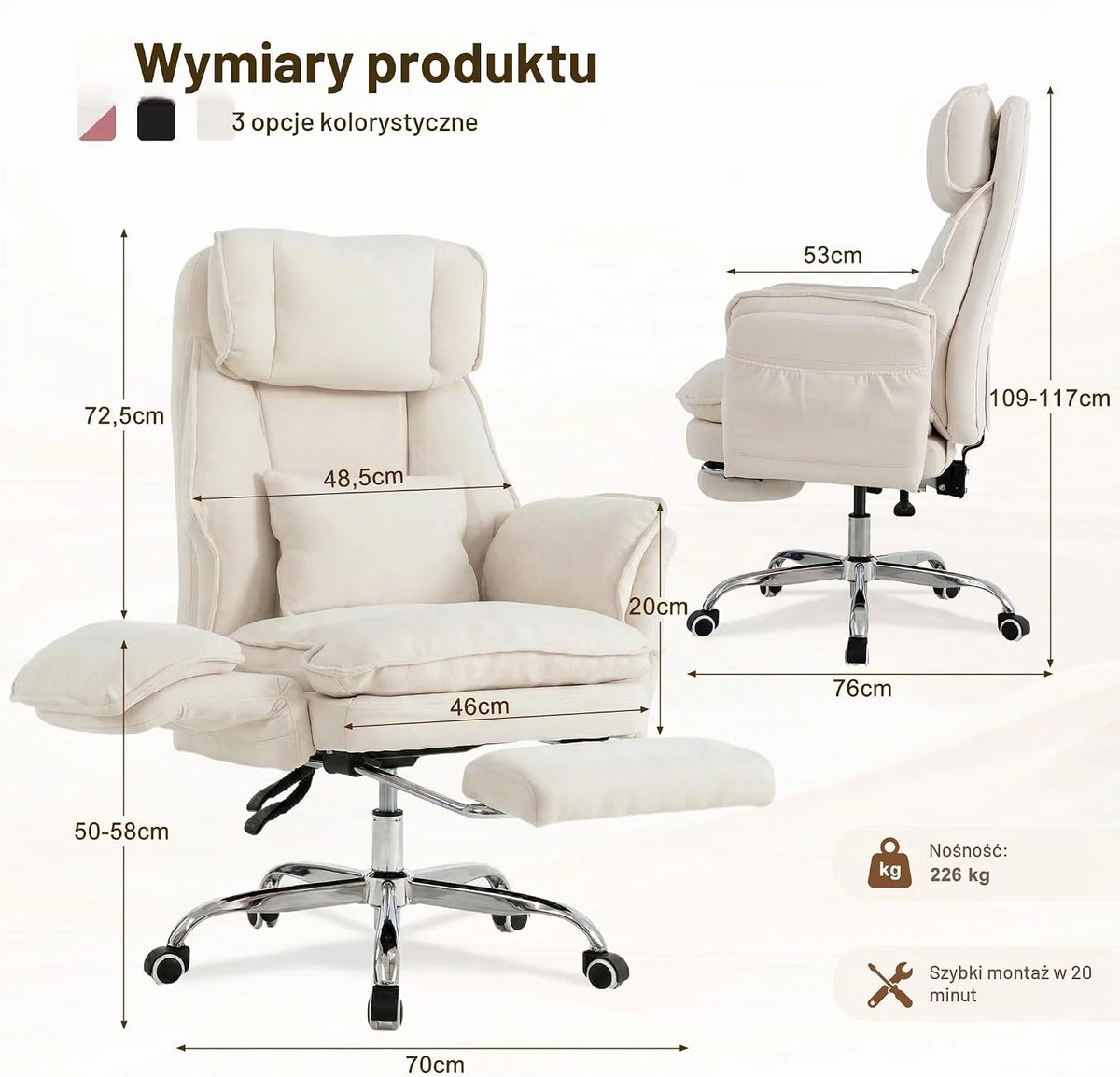 UEV Krzesło biurowe z podnóżkiem, do 226 kg, składane podłokietniki, zintegrowany podnóżek, ciche, lekko poruszające się kółko, krzesło do biurka, krzesło komputerowe, krzesło obrotowe, do domu, biura