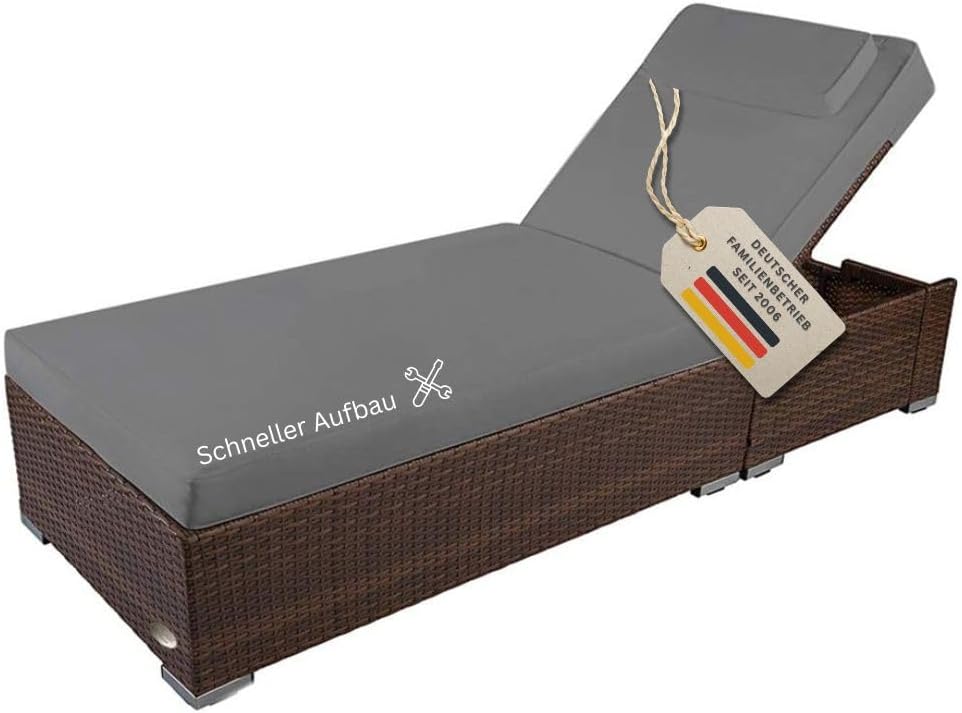 Tumbona de jardín RS Trade resistente a la intemperie de ratán sintético con ruedas – Tumbona de exterior de ratán con respaldo ajustable en varias posiciones para jardín, terraza, balcón y piscina, marrón con cojín gris