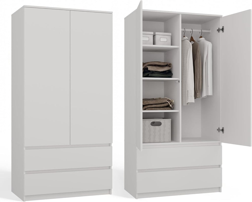 Armario ropero CDF blanco, 90 cm de ancho, para dormitorio infantil o dormitorio, 2 cajones, 2 puertas, armario de dos puertas, estilo moderno, incluye todo lo necesario para el montaje, armario para ropa y juguetes.