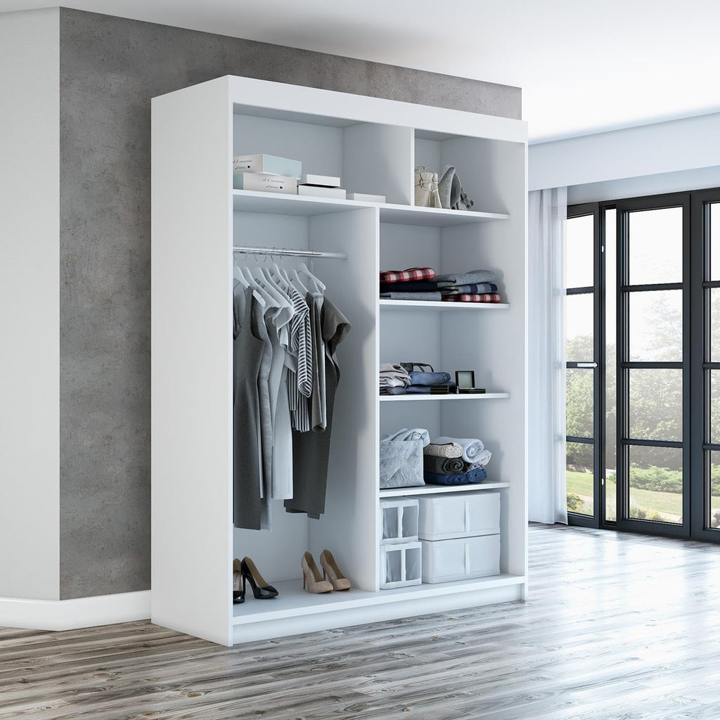 A&J MöbelLand Armario con puertas correderas GAPI, armario de 2 puertas con espejo, ropero de 160 cm (blanco/negro/negro)