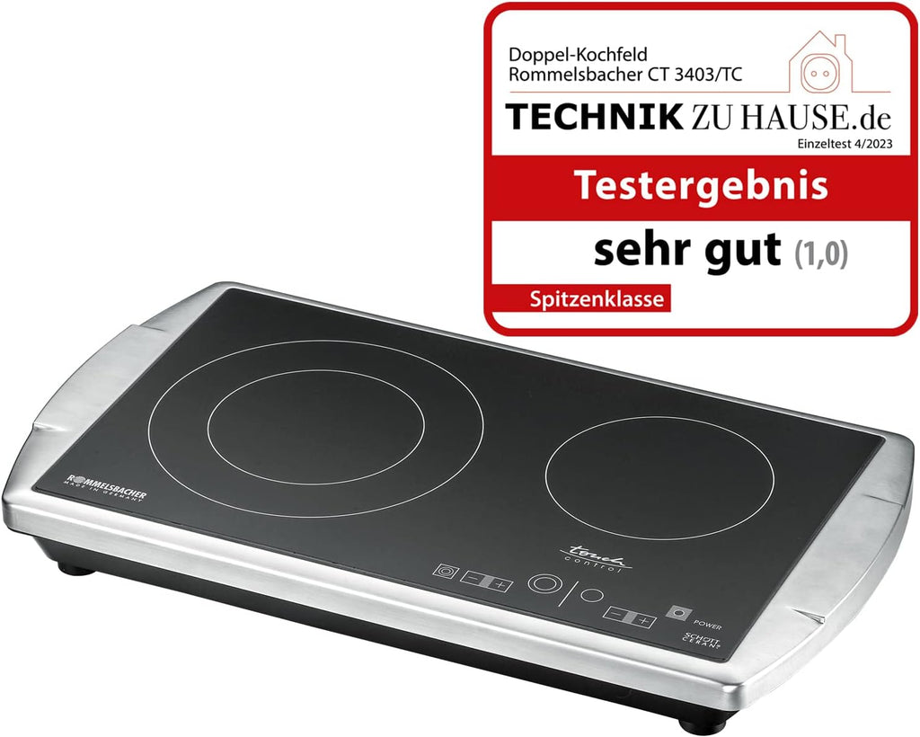 ROMMELSBACHER Doppelkochplatte CT 3403/TC – Made in Germany, SCHOTT CERAN®Kochfläche, 2 Kochzonen, energiesparend, kurze Aufheizzeit, 9 Leistungsstufen, Touch Control, Überhitzungsschutz, Edelstahl