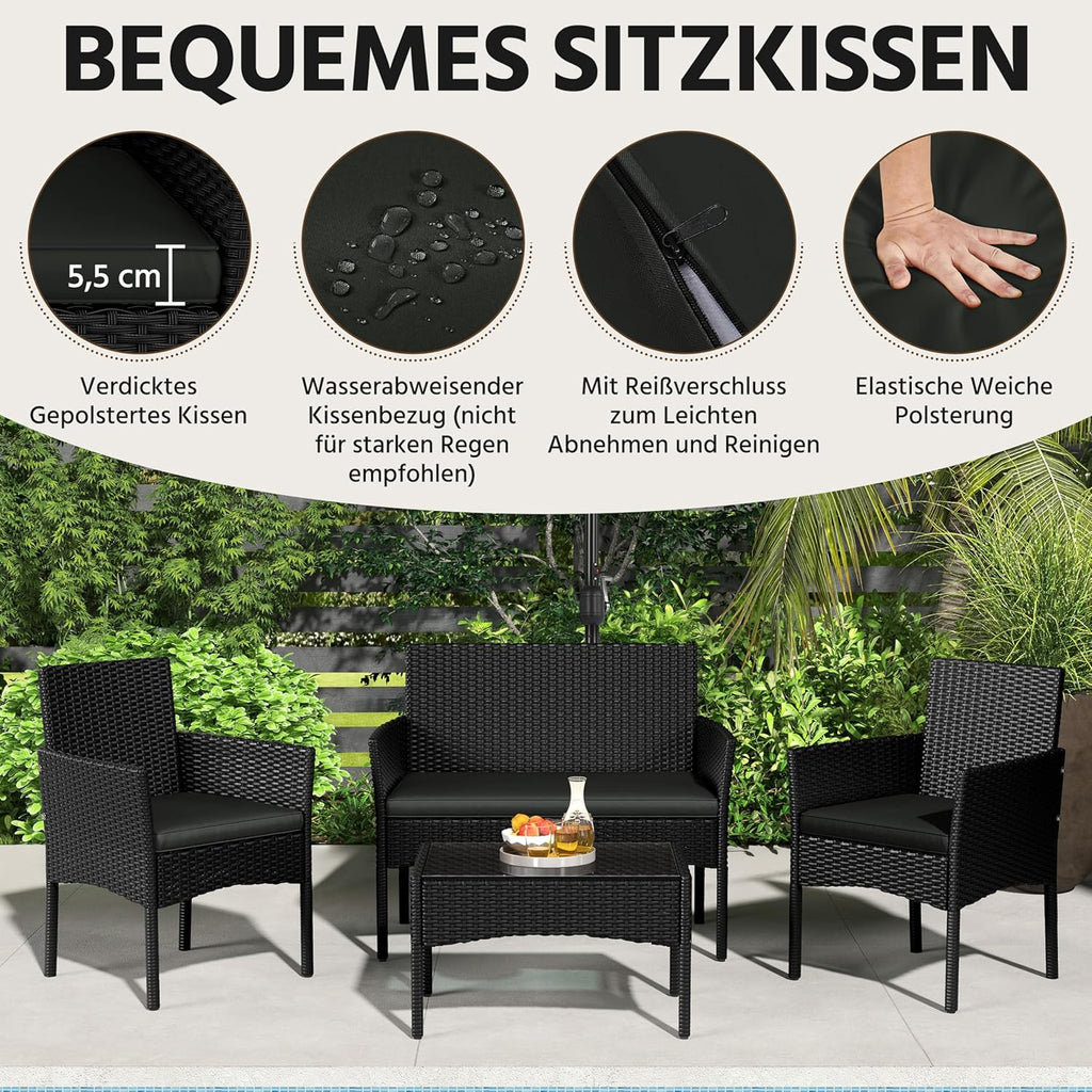 Yaheetech Set de muebles de jardín de 4 piezas, conjunto de muebles de balcón de poliratán para exterior con sofá de 2 plazas, 2 sillas, mesa y cojines para terraza/balcón/jardín, negro y gris