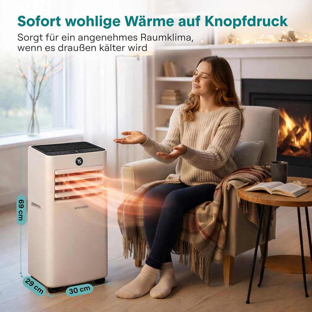 SereneLife Mobile Klimaanlage 9000BTU mit Abluftschlauch, 4-in-1 Klimagerät mit WLAN, Kühlen, Heizen Ventilator und Entfeuchter, bis 31 m², 24h Timer, 55dB, Inkl. Fensterkit, für Zuhause, Büro