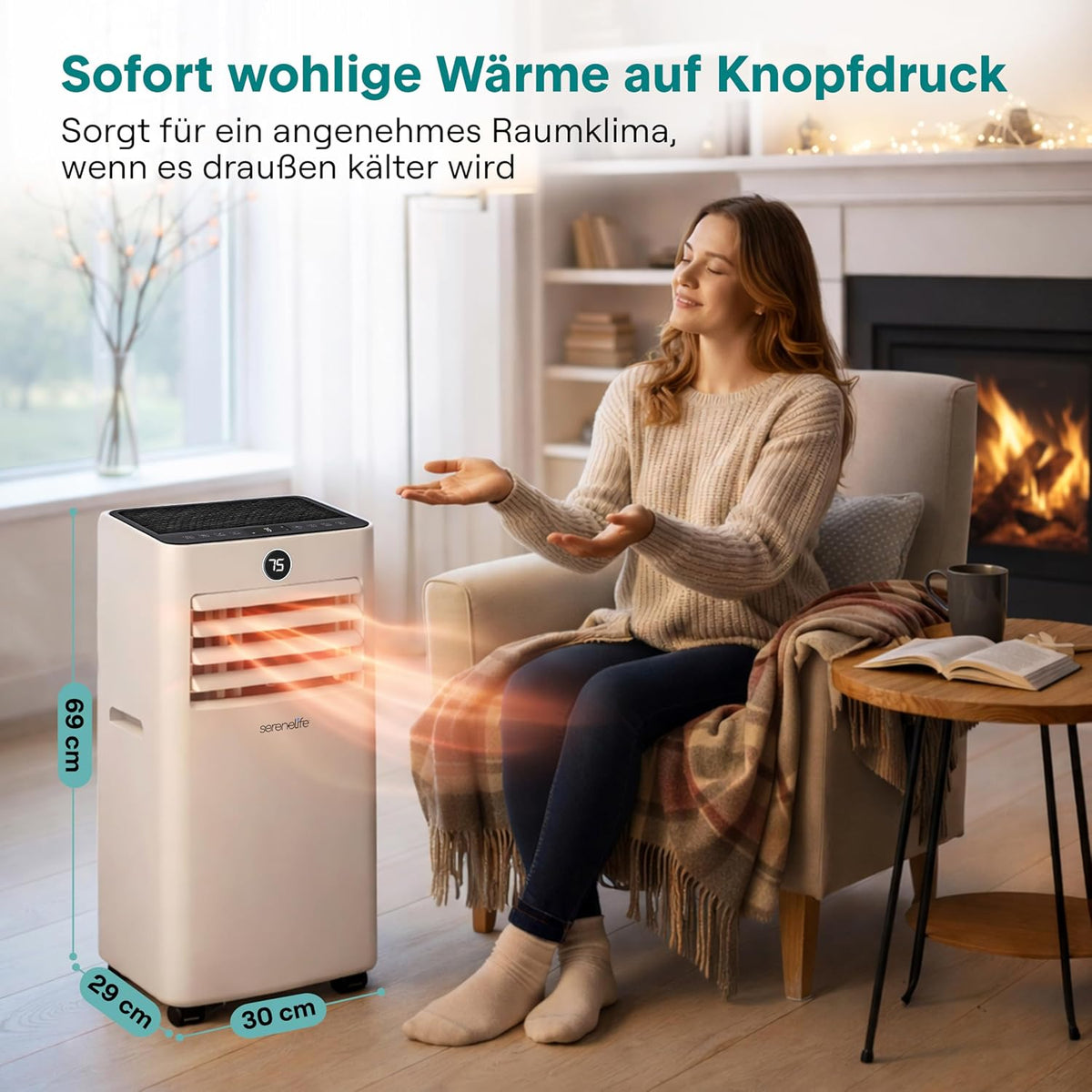 SereneLife Mobile Klimaanlage 9000BTU mit Abluftschlauch, 4-in-1 Klimagerät mit WLAN, Kühlen, Heizen Ventilator und Entfeuchter, bis 31 m², 24h Timer, 55dB, Inkl. Fensterkit, für Zuhause, Büro