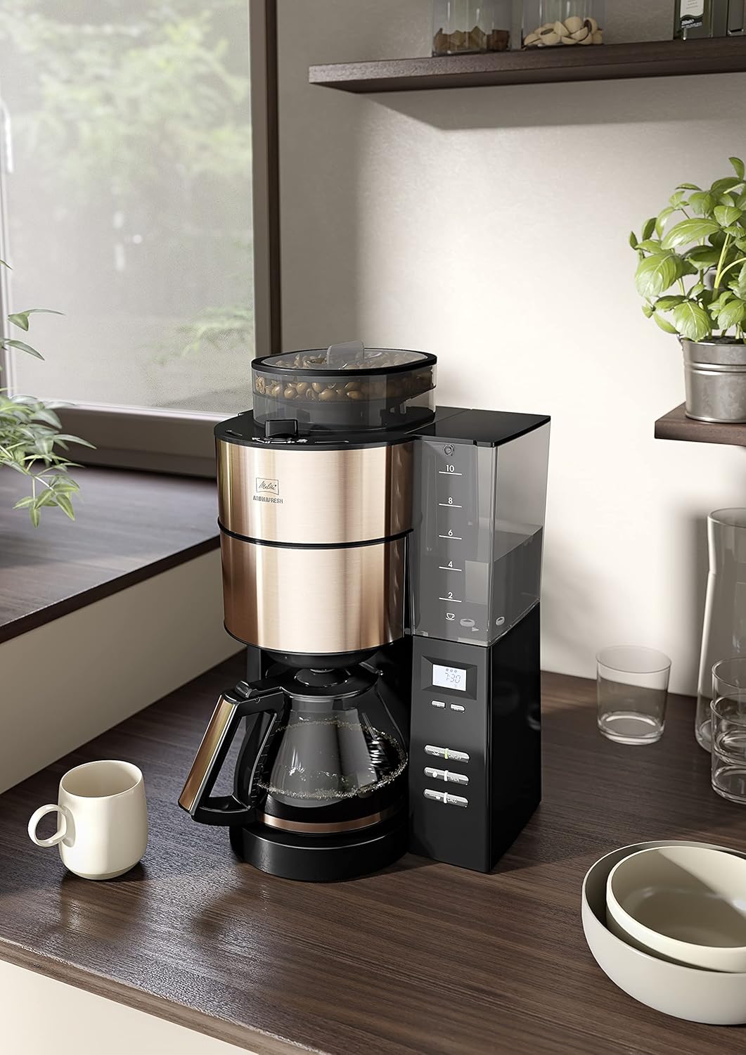 Melitta AromaFresh - Cafetera de filtro - con jarra de cristal - molinillo integrado - función de temporizador - 10 tazas - Negro puro
