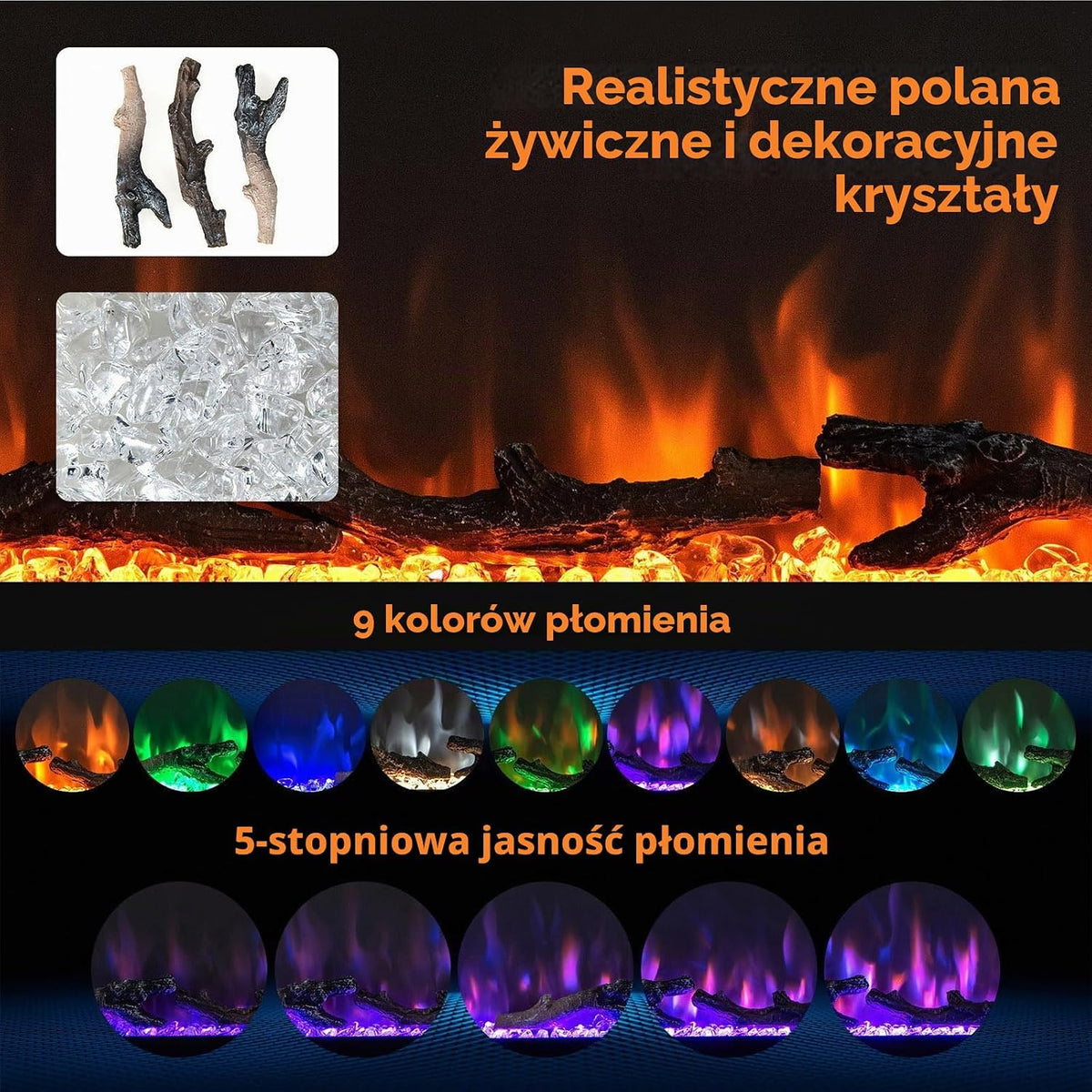 GOPLUS 91 cm kominek elektryczny, elektryczny kominek ścienny z pilotem i ekranem dotykowym, kominek ścienny z 9 kolorami efektów płomieni i 5 ustawialnymi poziomami jasności, 750 W/1500 W funkcja
