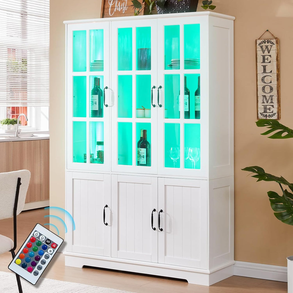 LUXOAK Vitrina con iluminación LED y tiradores retro, armario alto blanco de 180 cm, 6 puertas con ventanas acrílicas y 8 estantes, armario moderno para salón y cocina