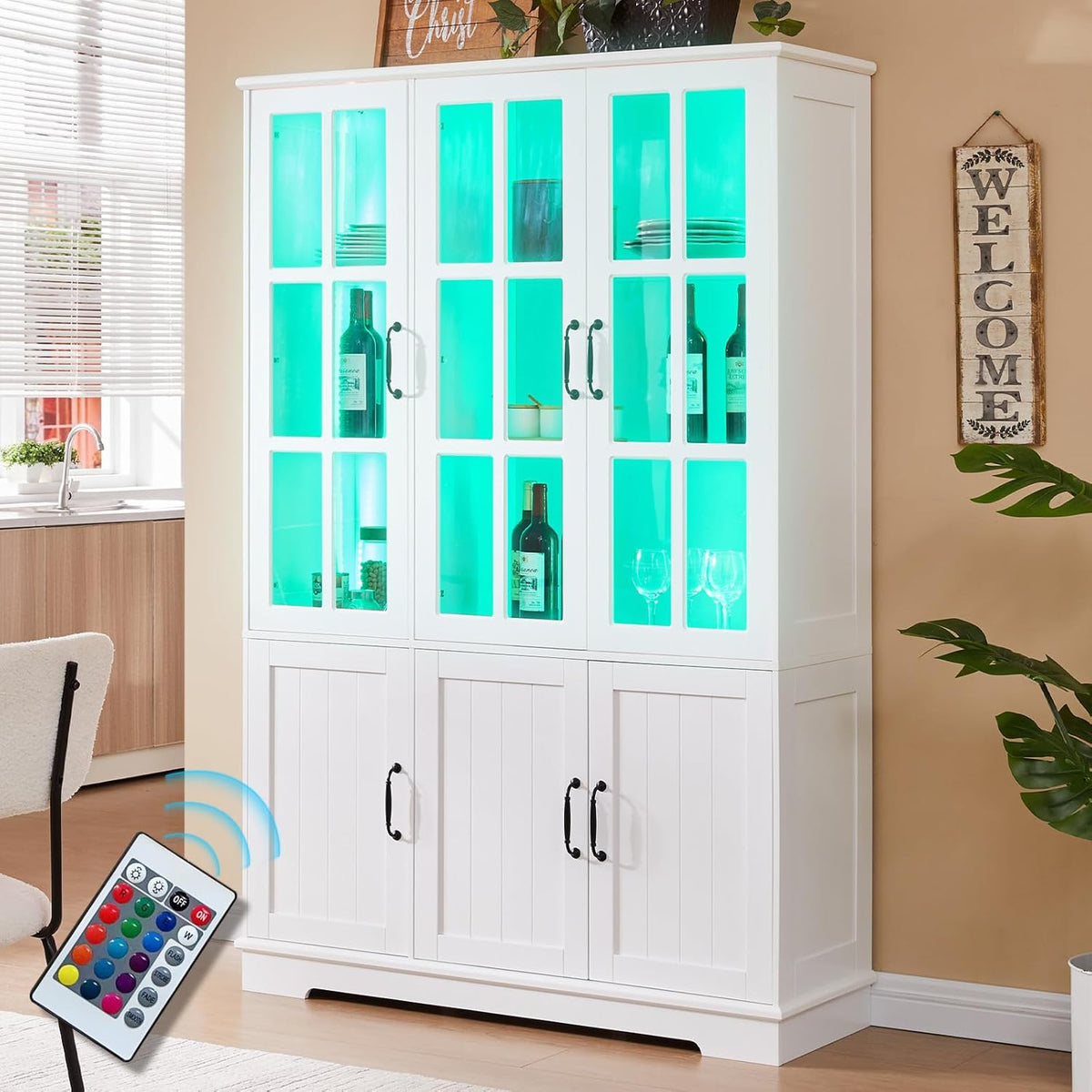 LUXOAK Vitrina con iluminación LED y tiradores retro, armario alto blanco de 180 cm, 6 puertas con ventanas acrílicas y 8 estantes, armario moderno para salón y cocina