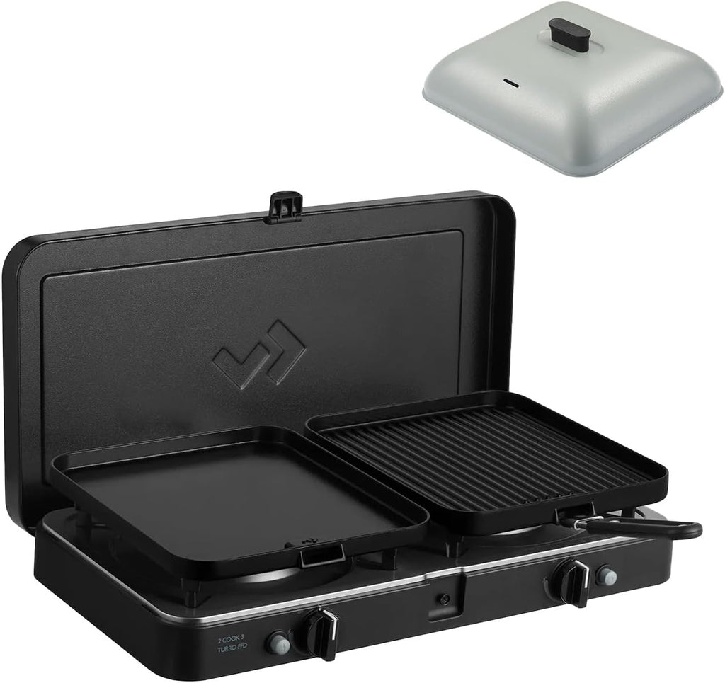 CADAC - 2 Cook 3 Turbo Deluxe y cúpula de parrilla universal - Barbacoa de gas de sobremesa con 2 quemadores y tapa de aluminio - Set de barbacoa para camping al aire libre con encendido piezoeléctrico y dispositivo de fallo de llama - 50mBar