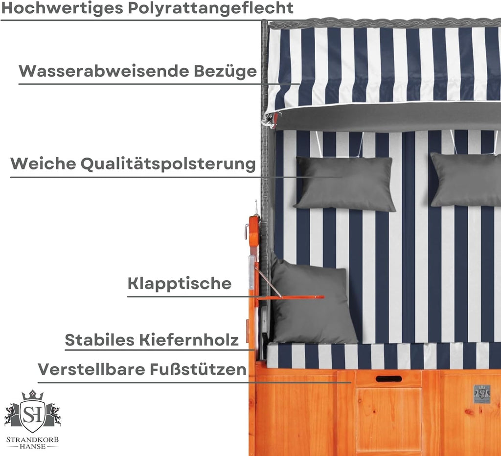 Strandkorb Hanse Ostsee 2,5 plazas Klassik XXL, 160 cm de ancho - Reclinable, ya montado, incluye ruedas para strandkorb, ideal para el hogar, balcón y terraza