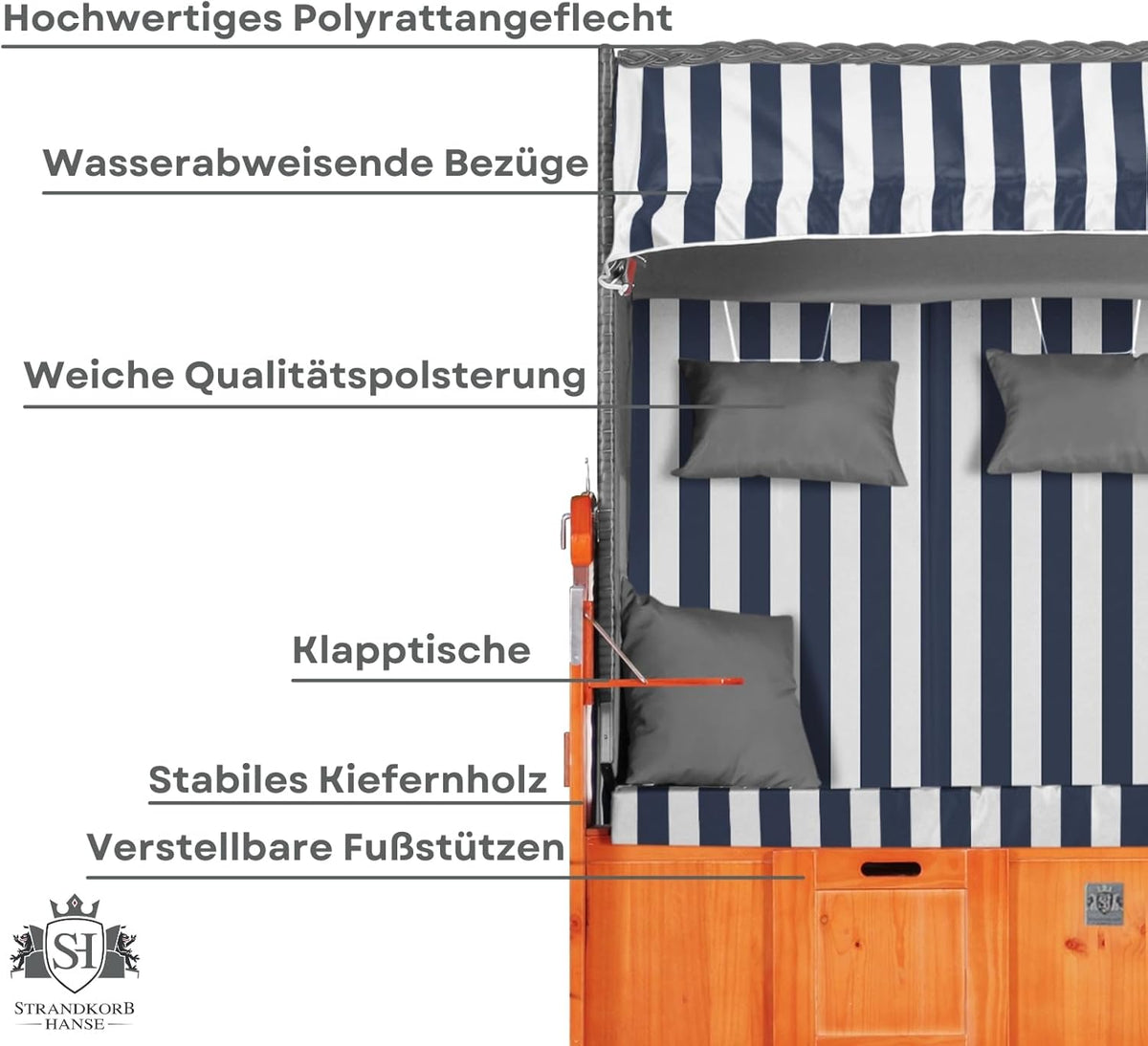 Strandkorb Hanse Ostsee 2,5 plazas Klassik XXL, 160 cm de ancho - Reclinable, ya montado, incluye ruedas para strandkorb, ideal para el hogar, balcón y terraza