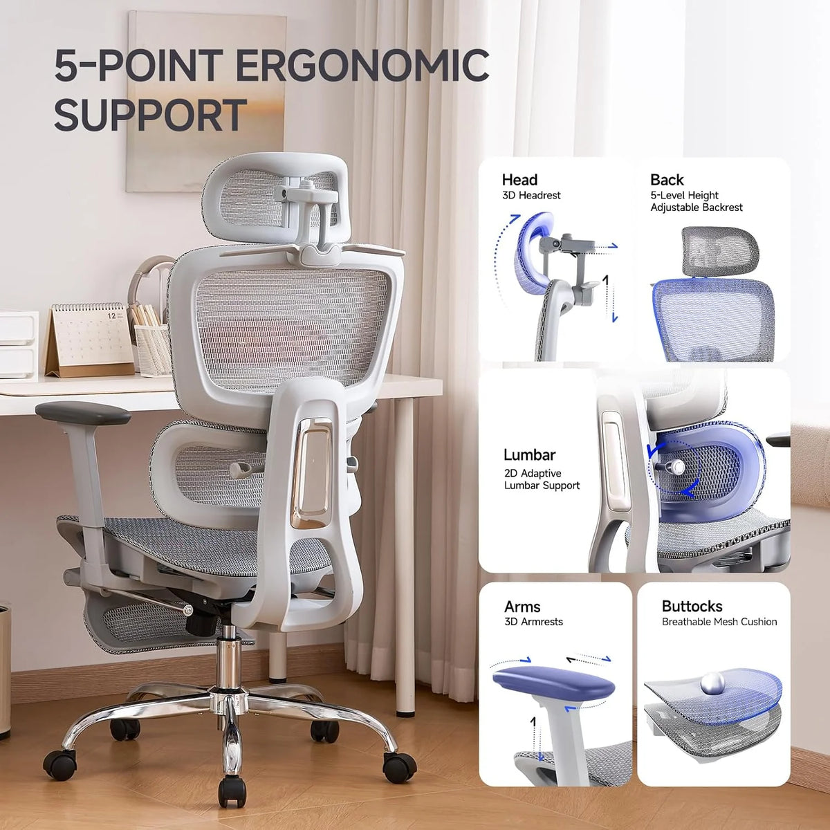 LarkLeaves Ergonomiczny Fotel Biurowy z Podnóżkiem Szary L10 Lite