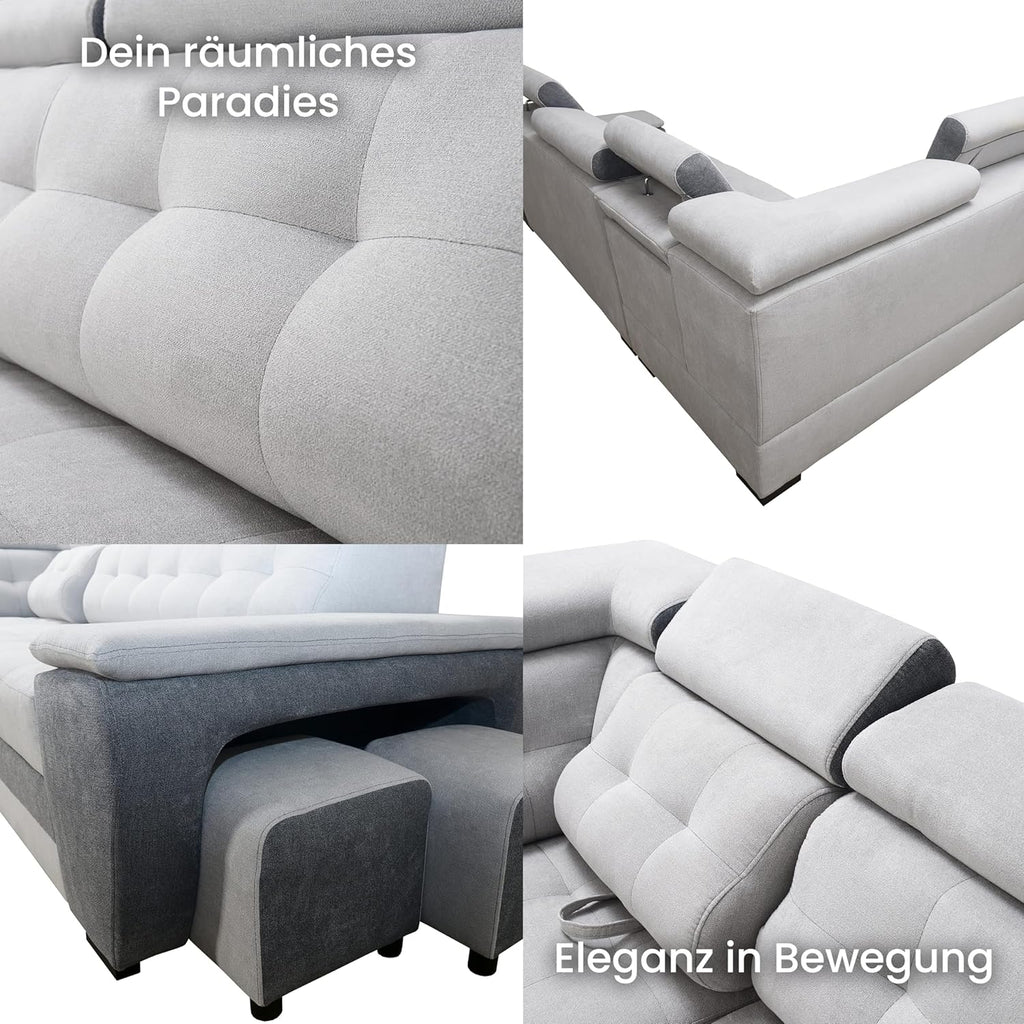 Sofá rinconero Robin Inspire Grand con función cama plata-antracita izquierdo | Sofá en forma de L con arcón, función relax, 2 taburetes y reposacabezas. Conjunto de salón con opción de dormir.