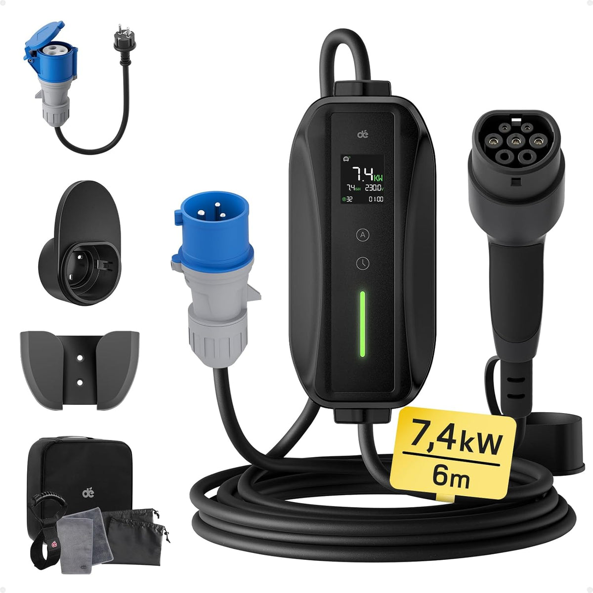 Cargador de coche eléctrico P17 [7,4 kW, monofásico, 6 m, 6 A/10 A/16 A/20 A/24 A/32 A] tipo 2, toma CEE, cargador para vehículo eléctrico, estación de carga móvil/Wallbox con pantalla digital