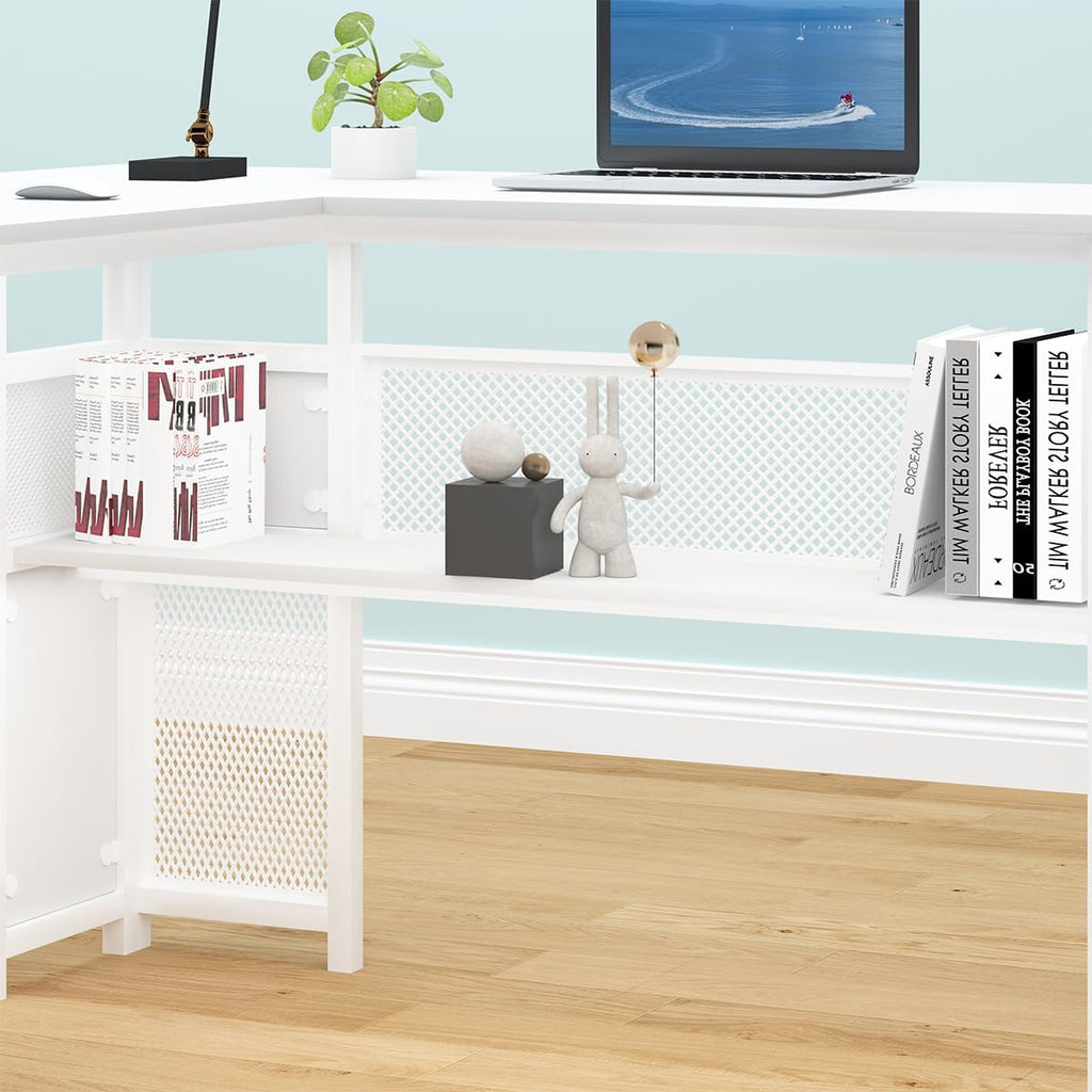 Escritorio en L HSH con cajones, escritorio esquinero para oficina en casa, mesa de ordenador con espacio de almacenamiento y armario, escritorio moderno de metal y madera para despacho, blanco, 150 cm