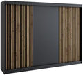 A&J MöbelLand Armario de puertas correderas IOSA, armario de 3 puertas con 4 cajones y listones 3D, guardarropa de 200 cm (Negro/Negro/Negro/Negro)