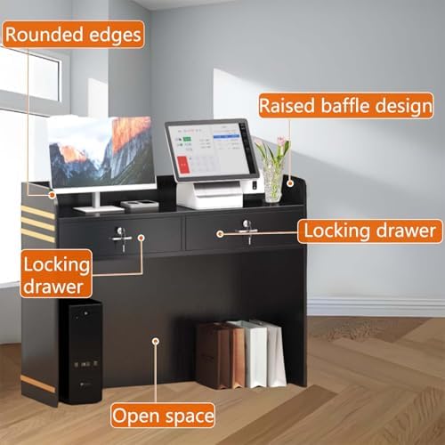 Mostrador de recepción moderno con 2 cajones con cerradura, mesa de caja para comercios, cajeros, recepción, muebles de oficina elegantes para espacios profesionales