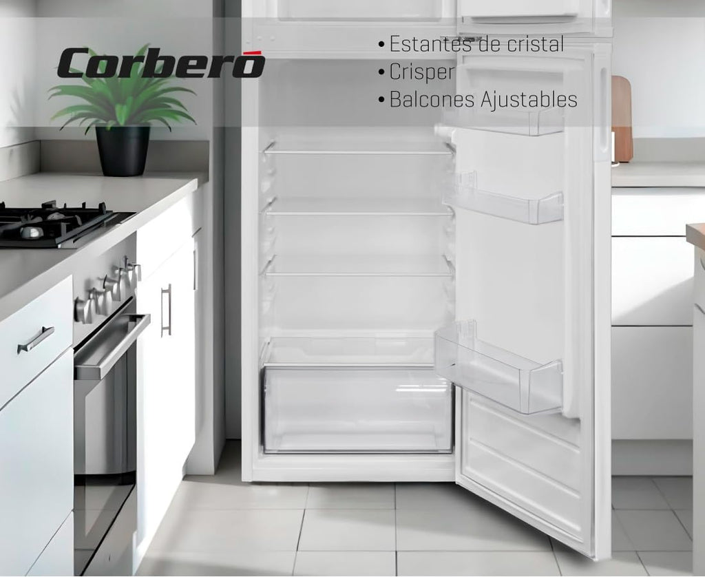 Corberó - Frigorífico 2 Puertas | CF2PV21324W | 57x54x145 | Capacidad 212L | Luz interior, cajón para verduras, estantes ajustables, descongelación manual, estantes de cristal, huevera, cubiteras | Blanco