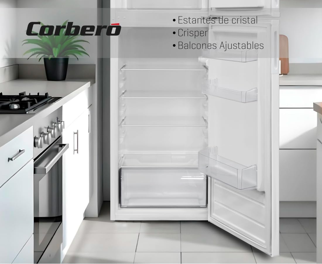 Corberó - Frigorífico 2 Puertas | CF2PV21324W | 57x54x145 | Capacidad 212L | Luz interior, cajón para verduras, estantes ajustables, descongelación manual, estantes de cristal, huevera, cubiteras | Blanco