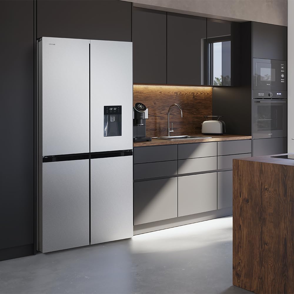 Frigorífico americano Cecotec 4 puertas acero inoxidable 564 L Bolero CoolMarket 4D 564 Inox E. 183 cm de alto, 91 cm de ancho, dispensador de agua, bajo consumo, motor Inverter Plus, Total NoFrost
