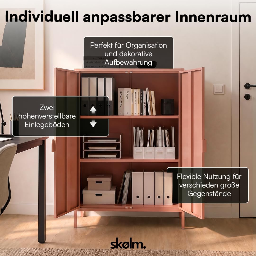 Cómoda de metal Ituri skølm – Armario de metal con 3 estantes ajustables – Aparador de salón color terracota – Armario de almacenamiento de acero – Mueble alto de diseño industrial – Armario de oficina/recibidor