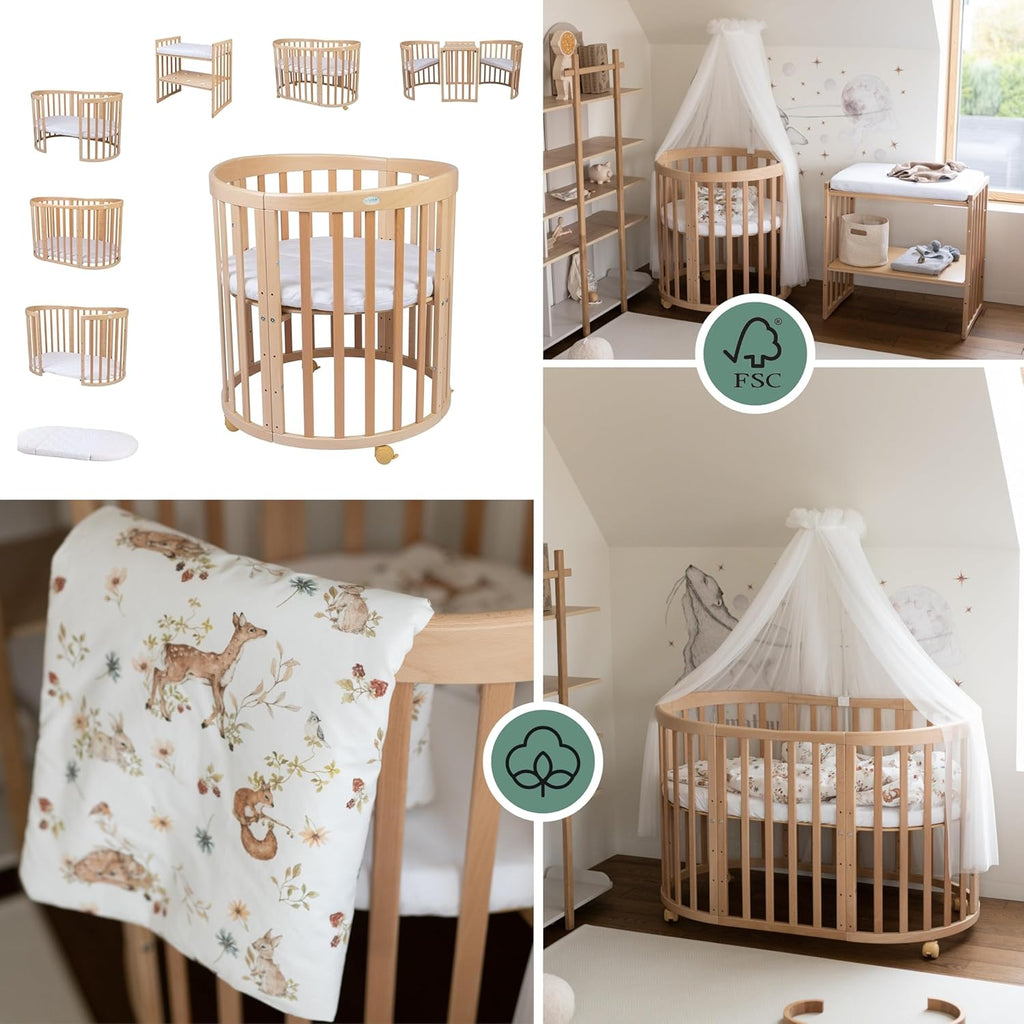 Cuna ovalada evolutiva Waldin, set completo 7 en 1, cuna de barrotes, cama infantil con colchón, cambiador, cuna colecho, madera blanca