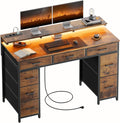 Escritorio HLONONE con 8 cajones, mesa de oficina con 2 enchufes y 2 puertos de carga USB, escritorio con soporte para monitor para juegos y oficina, 120 x 50 x 74 cm, marrón