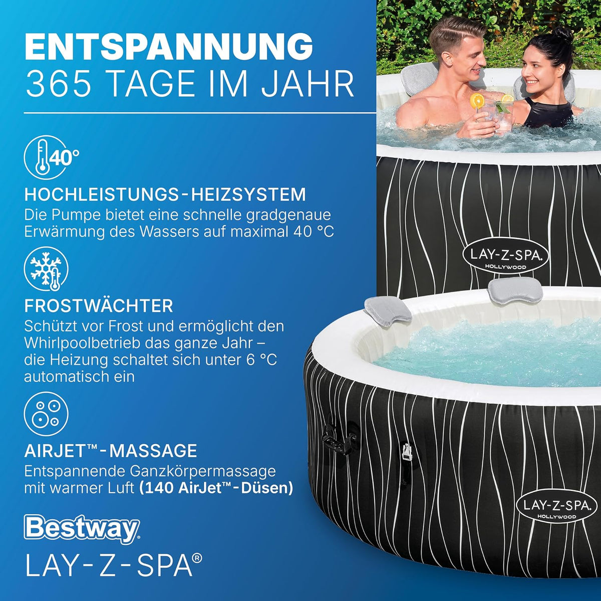 Jacuzzi inflable LED Bestway Lay-Z-Spa Hollywood para 6 personas, Ø 196x66 cm | 140 chorros AirJet, tira de luces LED con control remoto, calefacción hasta 40°C, 4 cojines de espuma