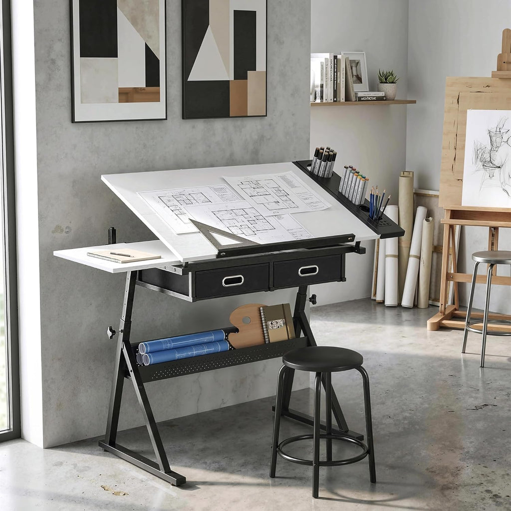 Mesa de dibujo HOMCOM con taburete, mesa de arquitecto, mesa de trabajo ajustable en altura con tablero inclinable y 2 cajones, escritorio para estudiantes, arquitectos y artistas, blanco