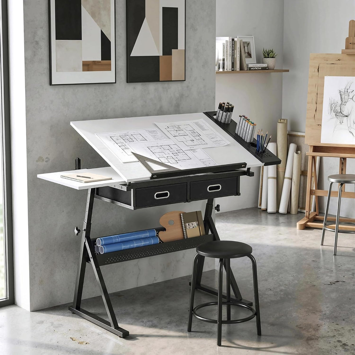 Mesa de dibujo HOMCOM con taburete, mesa de arquitecto, mesa de trabajo ajustable en altura con tablero inclinable y 2 cajones, escritorio para estudiantes, arquitectos y artistas, blanco