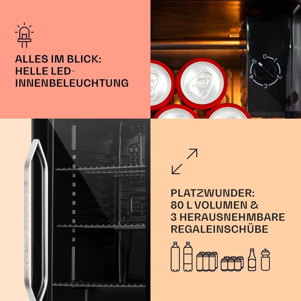 Mininevera Klarstein con puerta de cristal para habitaciones, refrigerador de bebidas con estantes ajustables, pequeño de 80 litros, frigorífico silencioso para interiores/exteriores