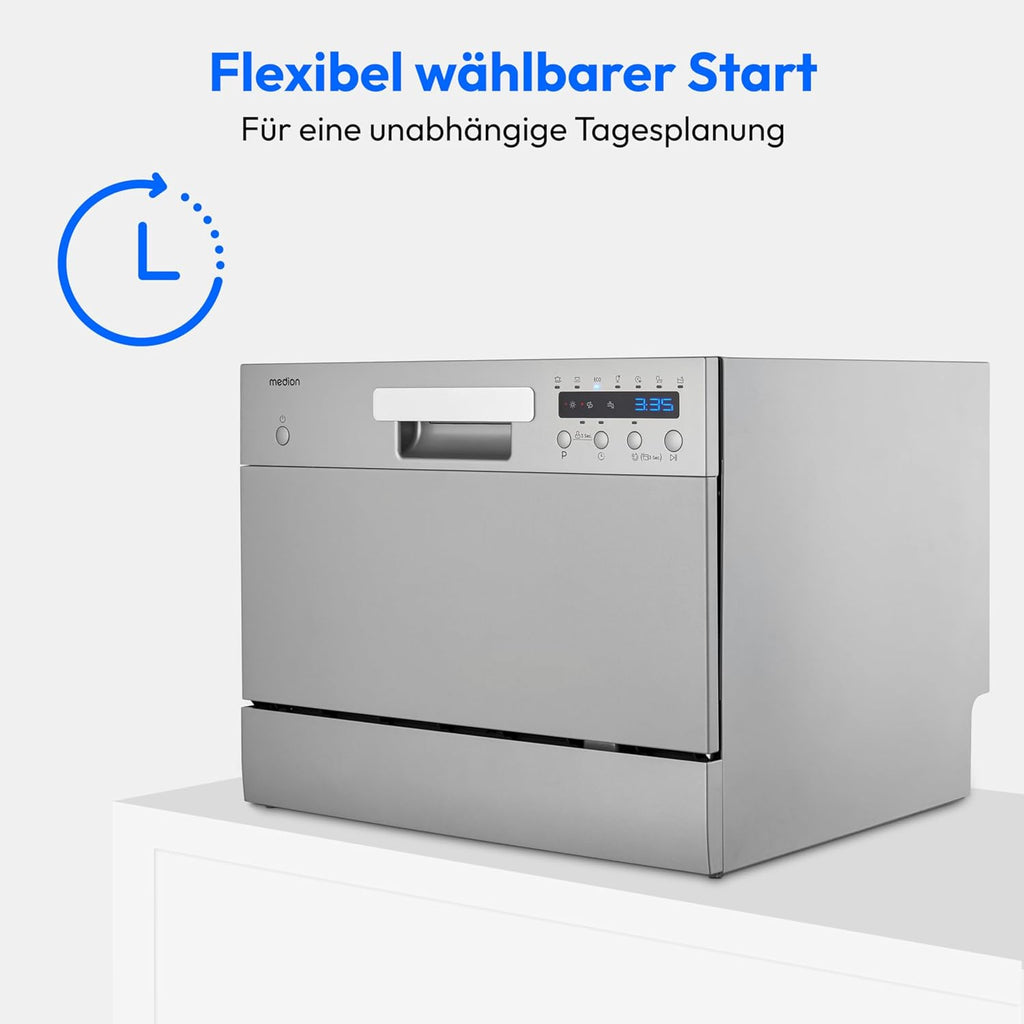 Lavavajillas de sobremesa MEDION DWT60 (capacidad para 6 cubiertos, 7 programas, programa ECO, aprox. 6,5 litros de consumo, AquaStop, pantalla LED, seguro para niños, MD37496) plateado