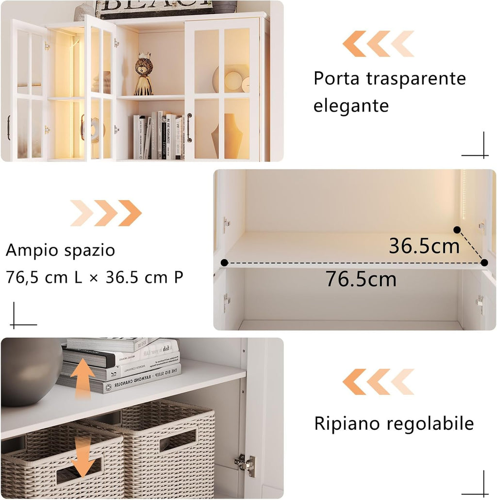 LUXOAK Vitrina con iluminación LED y tiradores retro, armario alto blanco de 180 cm, 6 puertas con ventanas acrílicas y 8 estantes, armario moderno para salón y cocina