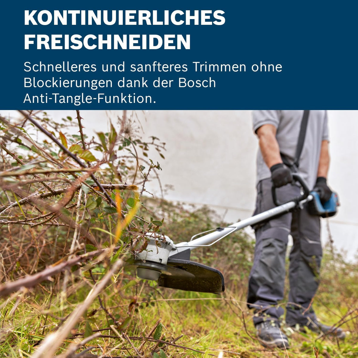 Desbrozadora a batería Bosch Professional 18V System GFR 18V-23 (motor sin escobillas, diámetro de corte 23 cm, 1 bobina de hilo, 1 correa para el hombro, juego de cuchillas para desbrozadora, estribo protector de plantas)