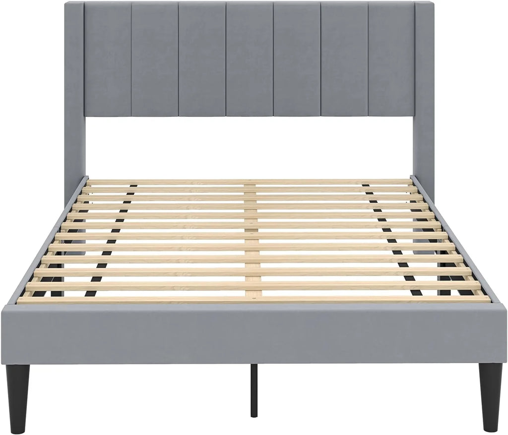 COSTWAY Rama łóżka na materac 200 x 140 cm, tapicerowany stelaż łóżka dwuosobowego, łóżko z podnóżkiem z zagłówkiem, drewniana podpora, regulowane podkładki pod stopy, kolor szary (Model I,L)