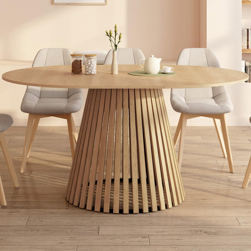 IDMarket - Mesa de comedor redonda extensible Carmen para 4-8 personas, base de listones de madera y tablero de madera 110-150 cm