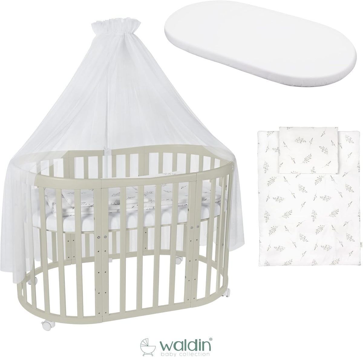 Cuna ovalada evolutiva Waldin, set completo 7 en 1, cuna de barrotes, cama infantil con colchón, cambiador, cuna colecho, madera blanca