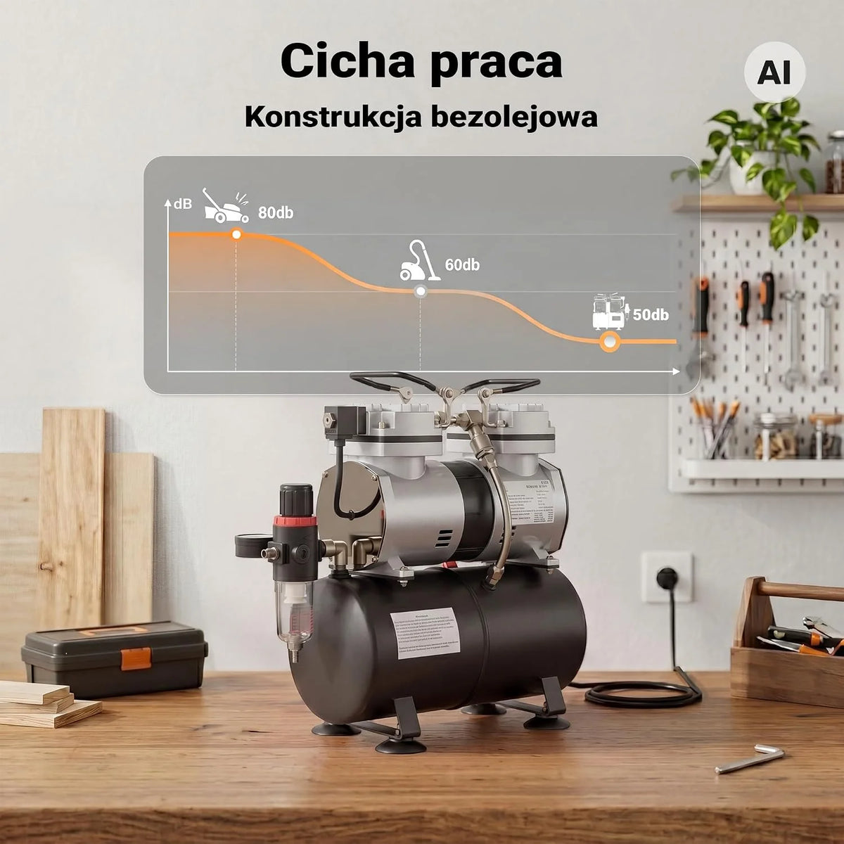 Kompresor AS196 do aerografu ze zbiornikiem powietrznym 2-cylindrowy 6 tłoki automatyczne wyłączanie