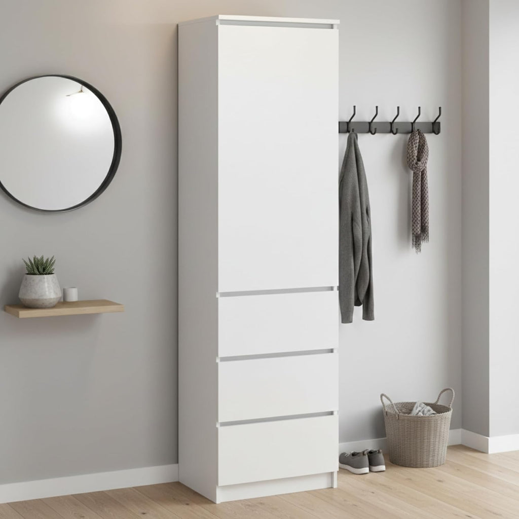 Armario ropero, armario vestidor, armario multiusos con 3 estantes y 3 cajones | armario compacto y funcional para dormitorio, recibidor o despacho | 50x40x180 cm (ancho x fondo x alto) | Blanco