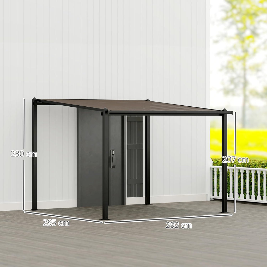 Pérgola de jardín Outsunny para exteriores de aluminio, 3 x 3 m, pérgola adosada con techo de policarbonato impermeable, sistema de drenaje, cenador con protección solar UPF30+ para terraza, patio y jardín, gris