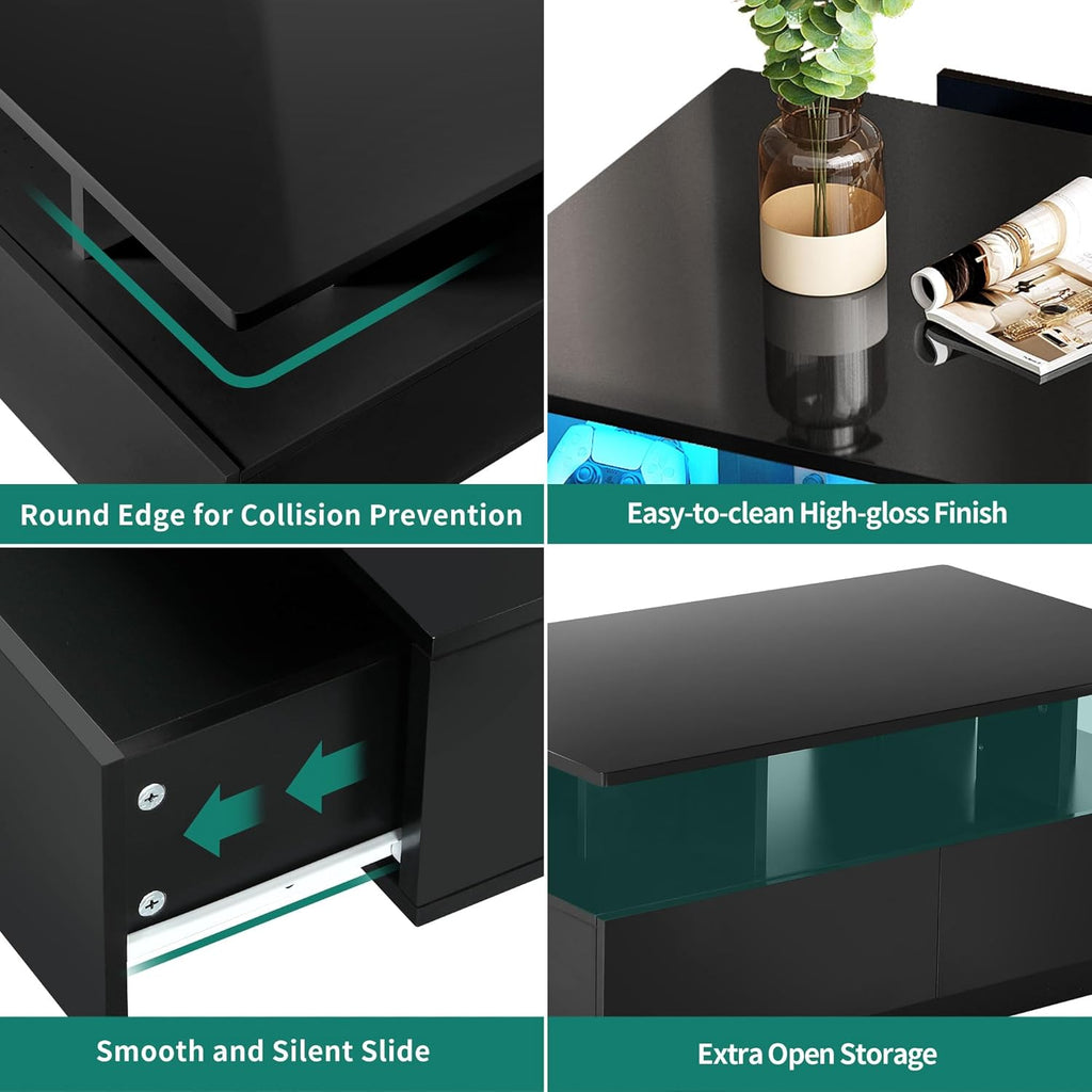Mesa de centro YITAHOME negra, mesa de salón de alto brillo con iluminación LED de 16 colores moderna, mesa auxiliar negra con estante abierto y 4 cajones extraíbles 90x55x41,1 cm