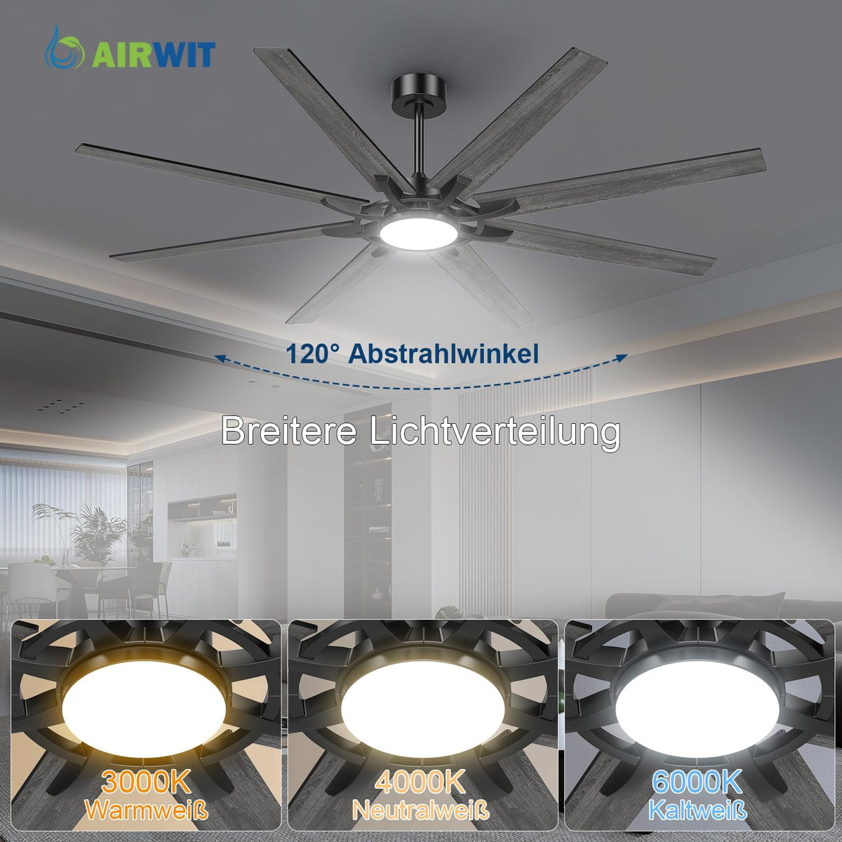 Ventilador de techo Airwit de 183 cm con luz, extra grande, de madera compuesta para exteriores, silencioso, con mando a distancia, lámpara con ventilador para terraza, industrial, habitaciones grandes